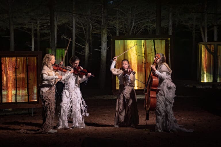 Ragazze Quartet in artistic clothing playing dynamically in a dark forest